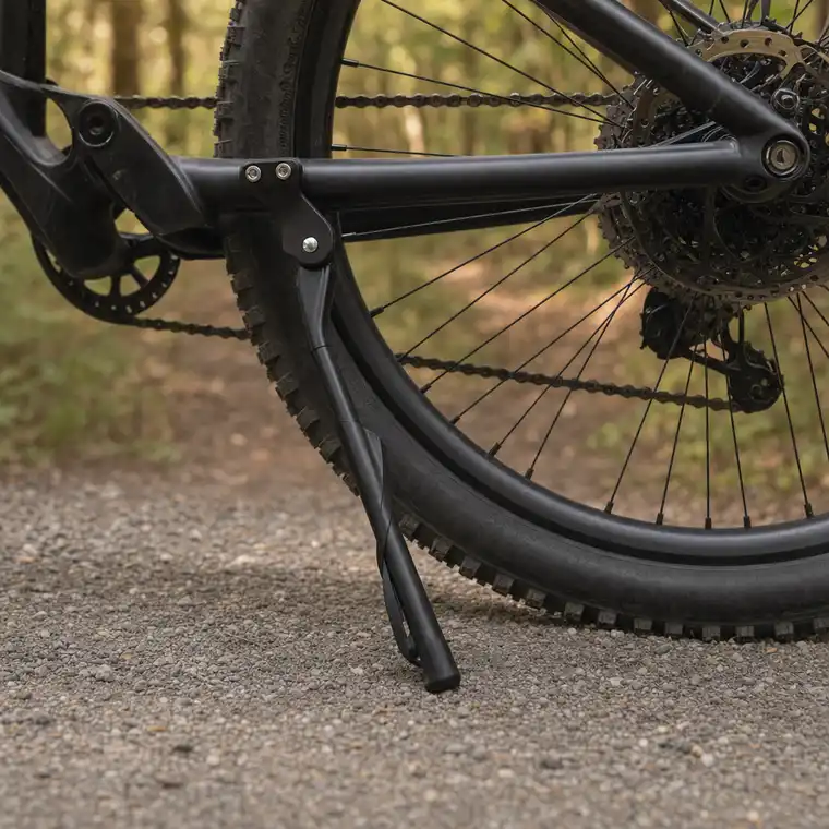 An electric bike parked upright on its side kickstand on a paved path