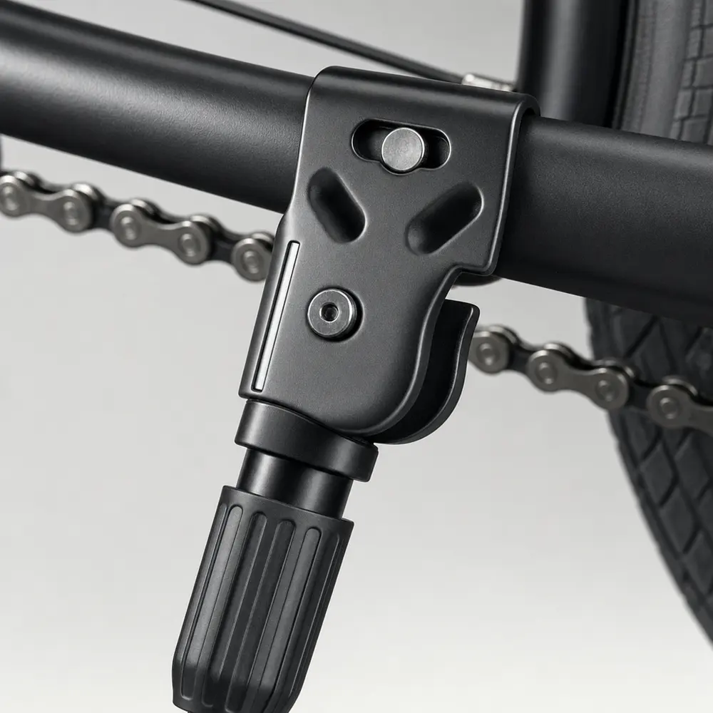Close-up of a bike kickstand mounting plate and leg against a chainstay