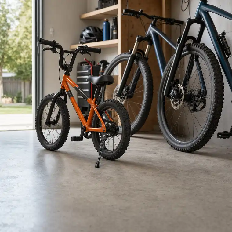 A kids bike parked on its kickstand in a home garage beside two adult bikes