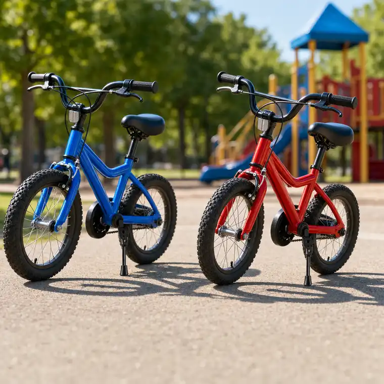 Two kids bikes standing upright on their own kickstands on a playground path