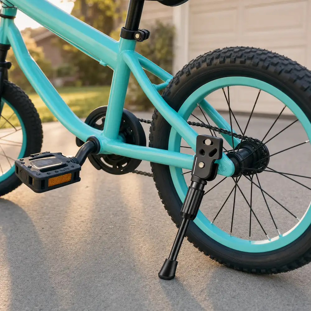 Kickaroo kickstand holding a child's turquoise bike upright on a driveway