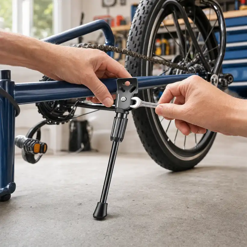 Hands bolting the Kickaroo kickstand plate to the rear frame of a kids bike with a wrench