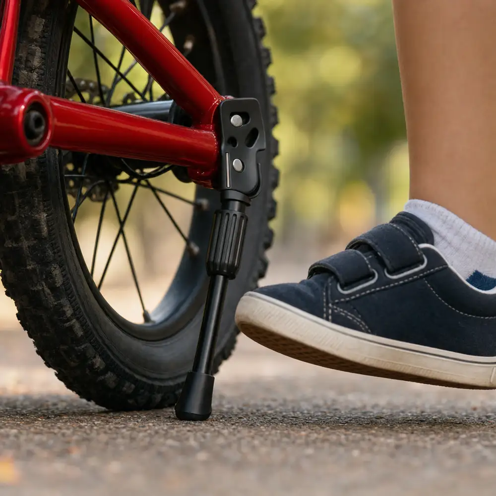 Kids bike standing on its own in a driveway with the Kickaroo side-mount kickstand deployed