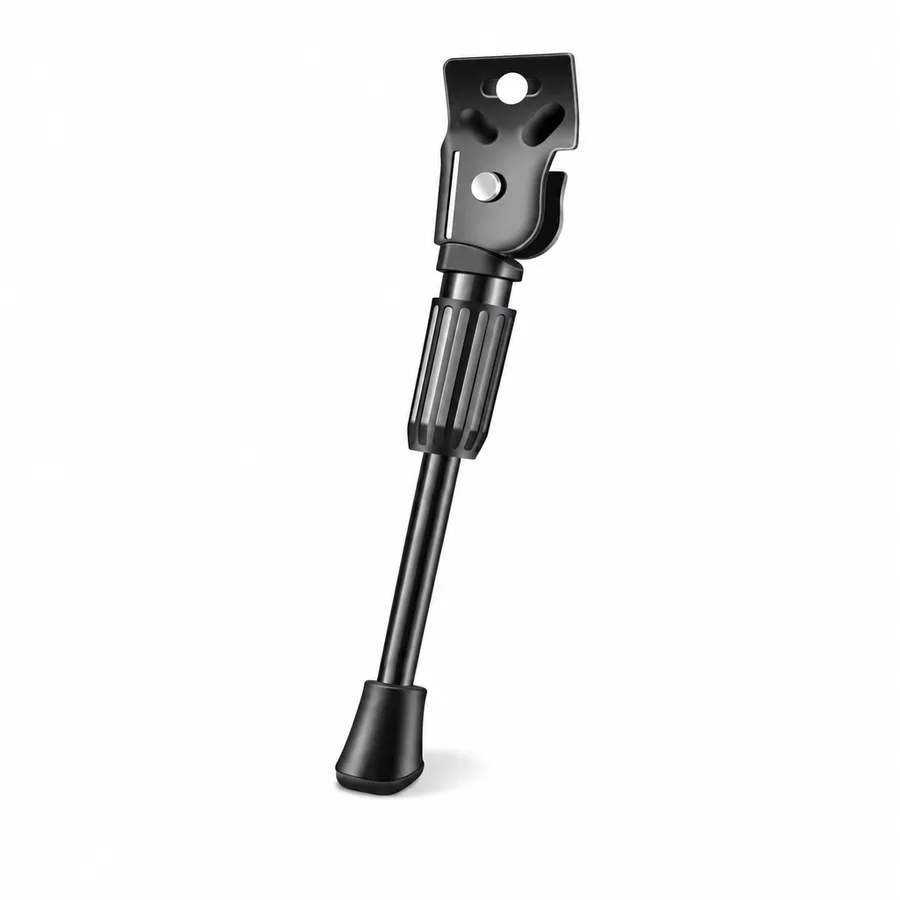 Black steel side-mount kickstand for a kids bike with its rubber foot and mounting plate
