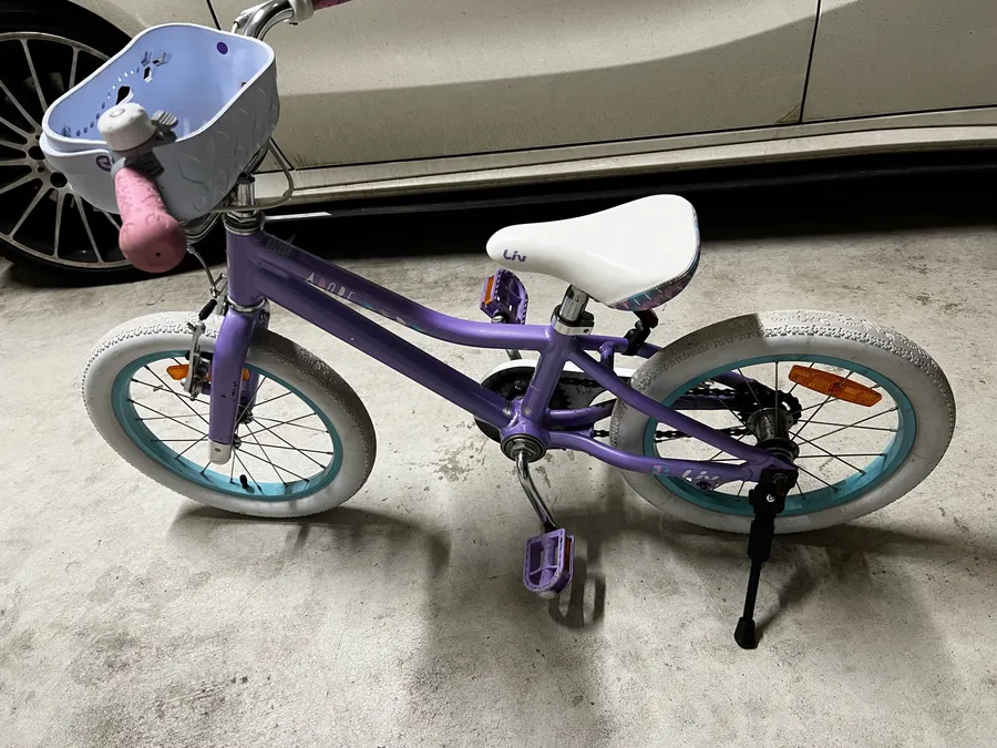 Purple 16-inch kids bike parked on a driveway on a black side-mount kickstand, photographed by a verified buyer